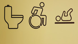 Piktogrammer af toilet, kørestolsbruger og baby på skifteplads