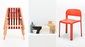 Collage: taburet, keramik, stol