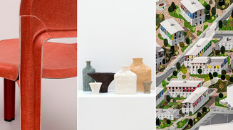 Banner med tre billeder: en rød stol, en samling flasker i keramik, en rendering af et boligkvarter