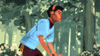 Illustration af en person på cykel i en skov, iført høretelefoner og sportstøj