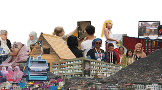 Collage of people, buildings, and landscapes, combining scenes of gatherings, architecture, and urban environments.