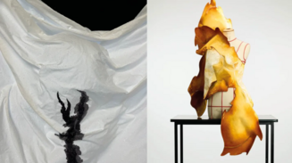 Collage: Hvidt draperet tekstil med sort motiv og ravfarvet, skulpturel beklædning på gine.