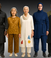 Syv personer i kunstneriske outfits med geometriske mønstre og farver.