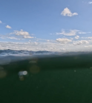Øverst ses blå himmel med skyer. Nederst er man under vand.