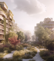 Ai-genereret billede: Bygninger og vegetation 
