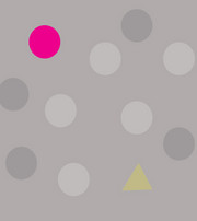  Illustration med otte grå cirkler, én pink cirkel og en lys trekant på grå baggrund.
