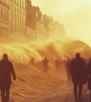 Fodgængere går gennem en bygade, mens en stor bølge af sand eller støv vælter frem.