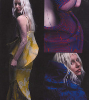Fashion collage with close-ups of models in sculptural, patterned knitwear.