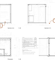 : Technical sections and floor plans of a container home with construction and layout notes.