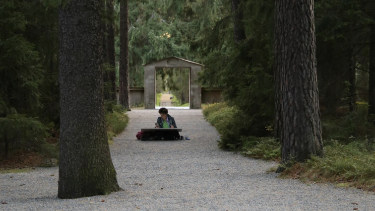 Studerende sidder på sti i skov