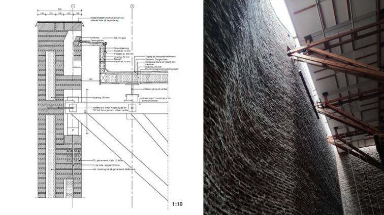 Teknisk tegning af murkonstruktion til venstre. Foto der viser undersøgelse af mur til højre. 