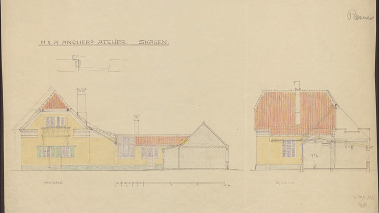 Architectural drawing of the Anchers' studio in Skagen showing front and side elevations in colored linework.