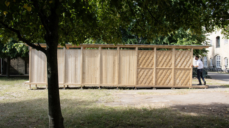 Long timber pavilion with varied facade cladding beneath large trees in a courtyard.
