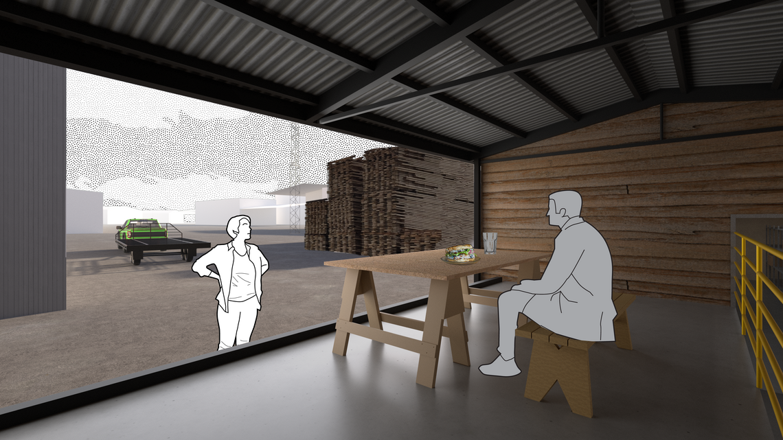 Rendering of a person having lunch on a covered terrace at the sawmill.