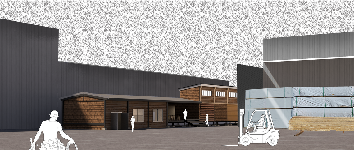 Rendering of a workshop exterior.