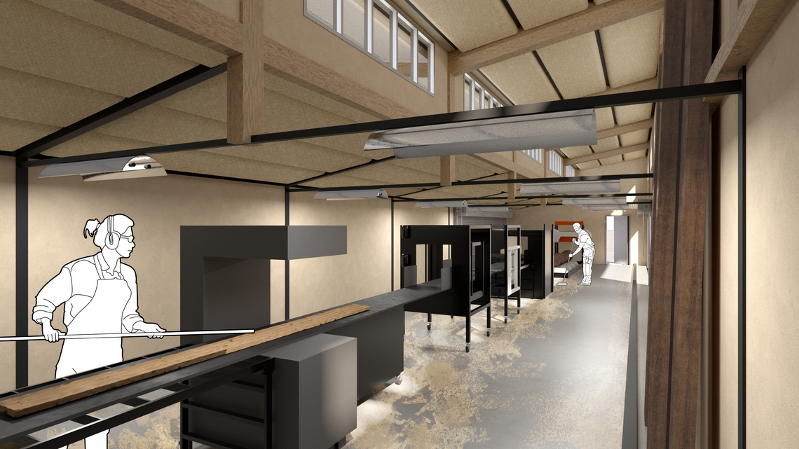 Rendering of a workshop interior.