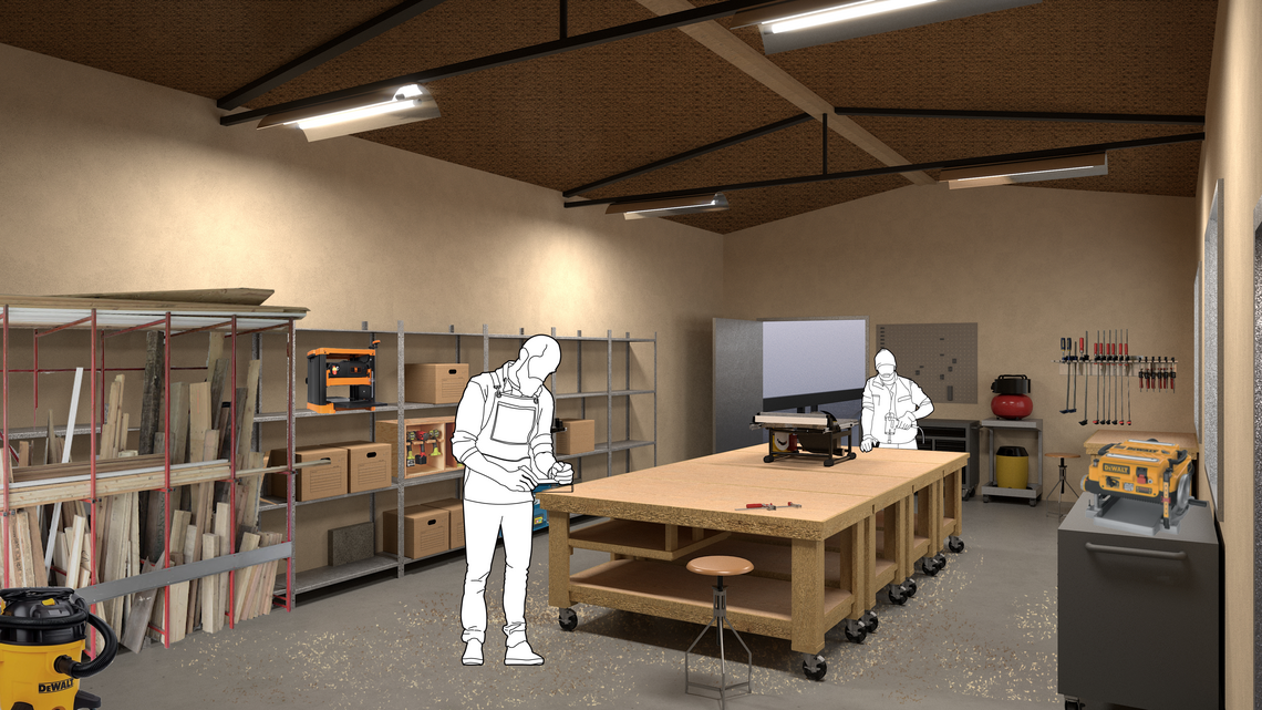 Rendering of a workshop interior.