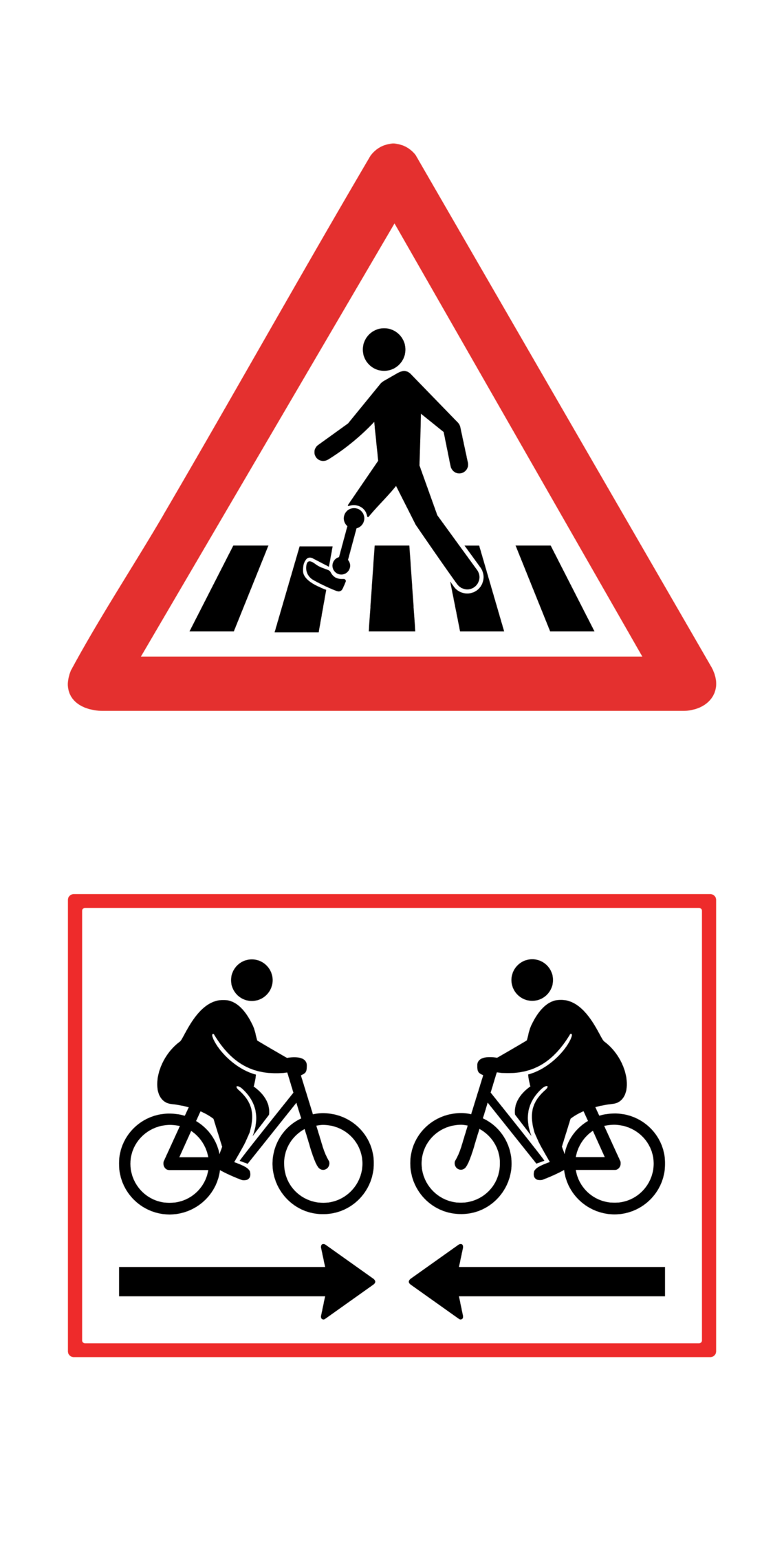 Trafikskilte: fodgænger med kunstigt ben på fodgængerfelt og to kraftige cyklister, der mødes
