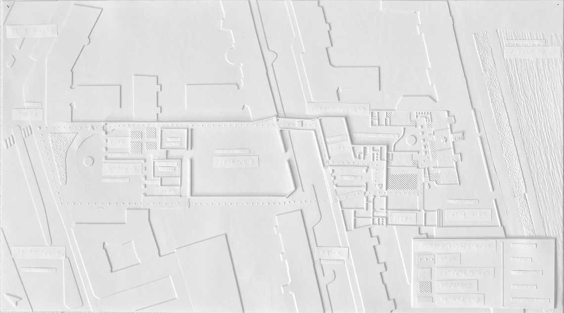 Tactile plan drawing of two buildings and their urban context. 