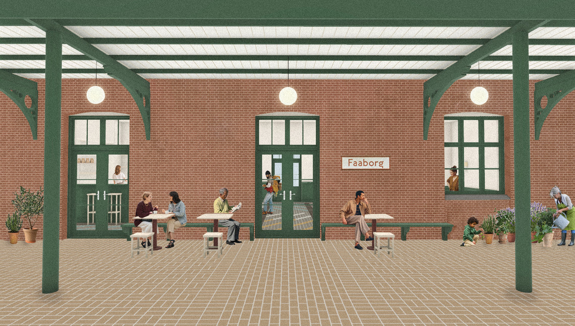 Opholdsrum på Faaborg station med mennesker og borde