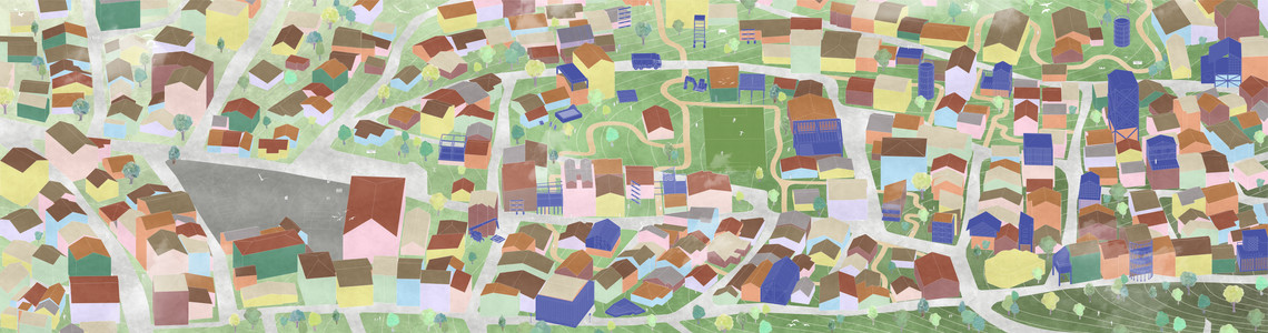 Illustration af tæt byområde med boliger og grønne rum