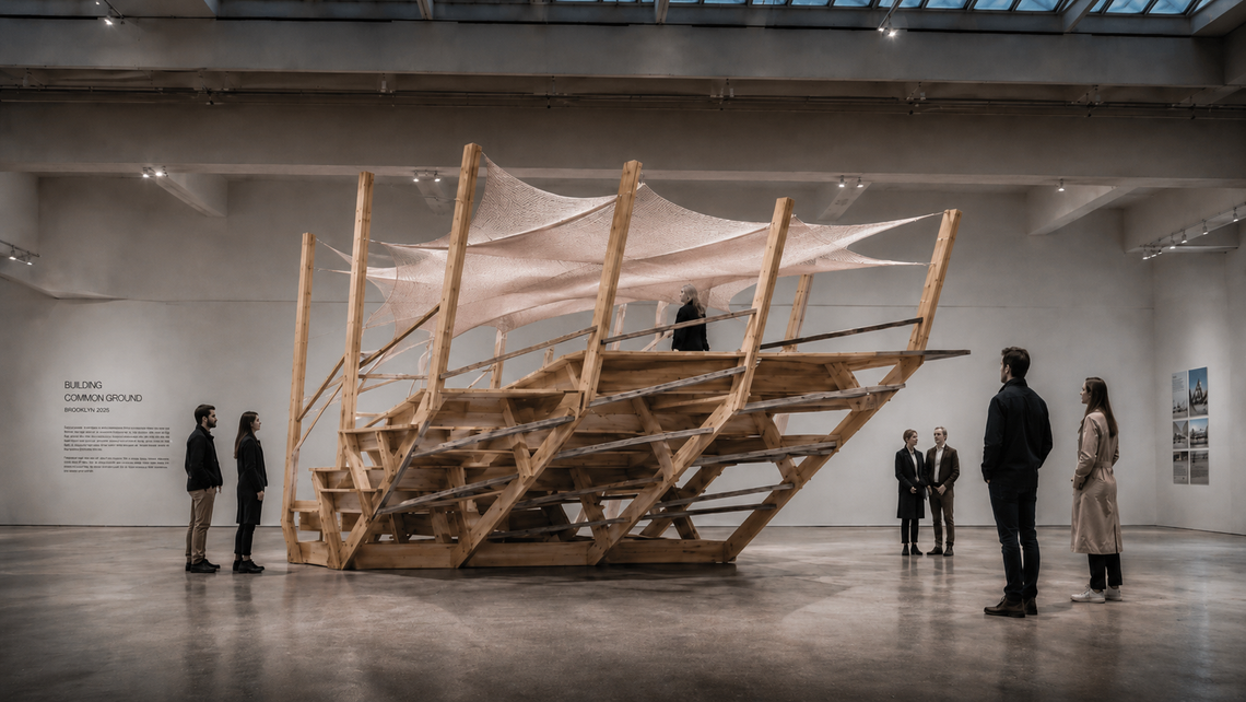 Large timber structure with stairs and stretched fabric in an exhibition hall with visitors.