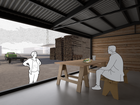 Rendering of a person having lunch on a covered terrace at the sawmill.