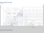Elevation drawing looking onto the School's facade towards the lakes.