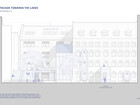 An elevation of the school building’s southeast-facing facade as seen from the lakes. The added wooden structures marked in blue appear on the existing brick building as a mix of rectangular and rounded shapes.