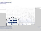 Sectional drawing showing the Remisen's new library and addition shown in elevation