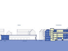 Section through the school and Remisen with Ryesgade in between.