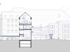 Sectional drawing showing the School's entrance area between the street and courtyard.