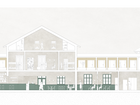 Section showing market, café, learning space, and hostel