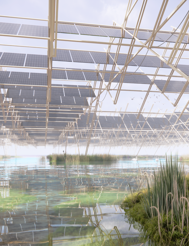 Wetland seen from underneath solar panel structure