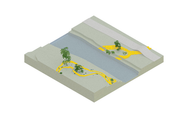 View of the reimagined scenario where the trench is employed as an ecological link