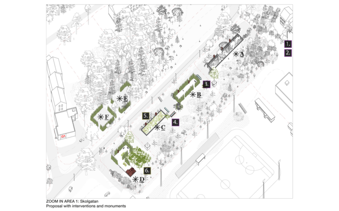 ZOOM IN AREA 1: Skolgatan Proposal with interventions and monuments