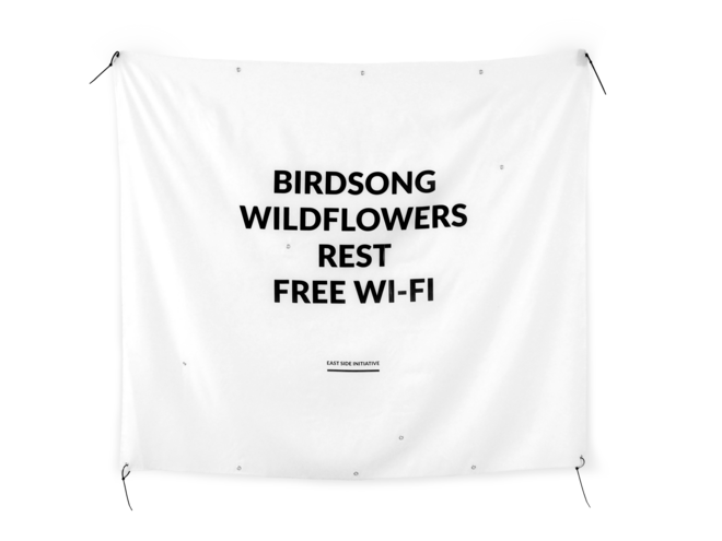 Project banners 160x160cm. Heat transfer polyester textile, metal eyelets, plastic strips.