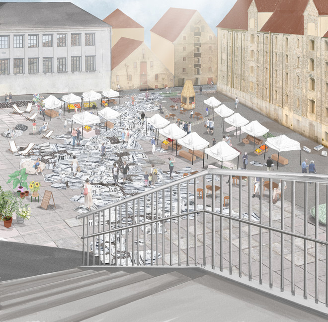 View from the bridge, showing a potential scenario at the plaza View from bridge, showing potential scenario at the plaza