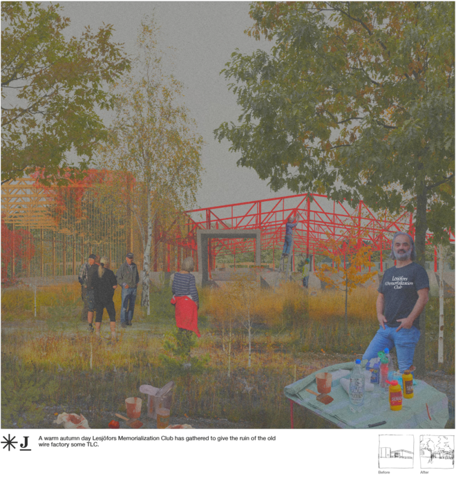 A warm autumn day Lesjöfors Memorialization Club has gathered to give the ruin of the old wire factory some TLC. 