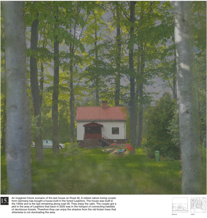 An imagined future scenario of the last house on Road 26. A retired nature loving couple from Germany has bought a house built in the forest Lesjöfors. The house was built in the 1950s and is the last remaining along road 26. They enjoy the calm. The couple got a plot in the area of Lesjöfors that back in 2025 was in the hotspot of connecting habitats of deciduous forests. Therefore they can enjoy the shadow from the old linden trees that otherwise is not dominating the area. 