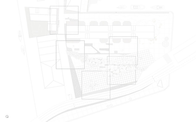 Site plan showing new paving and points of interventions site plan