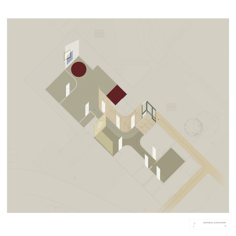 Drawing of the future interior layout. Raised in axonometric drawing is a curved wall in the middle, the entrance and other doors. 
