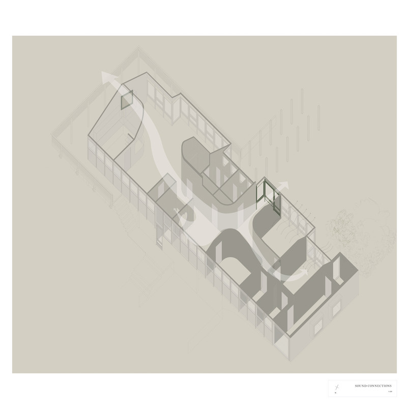 axonometric drawing of future club organisation. White arrows connect different parts of the club.