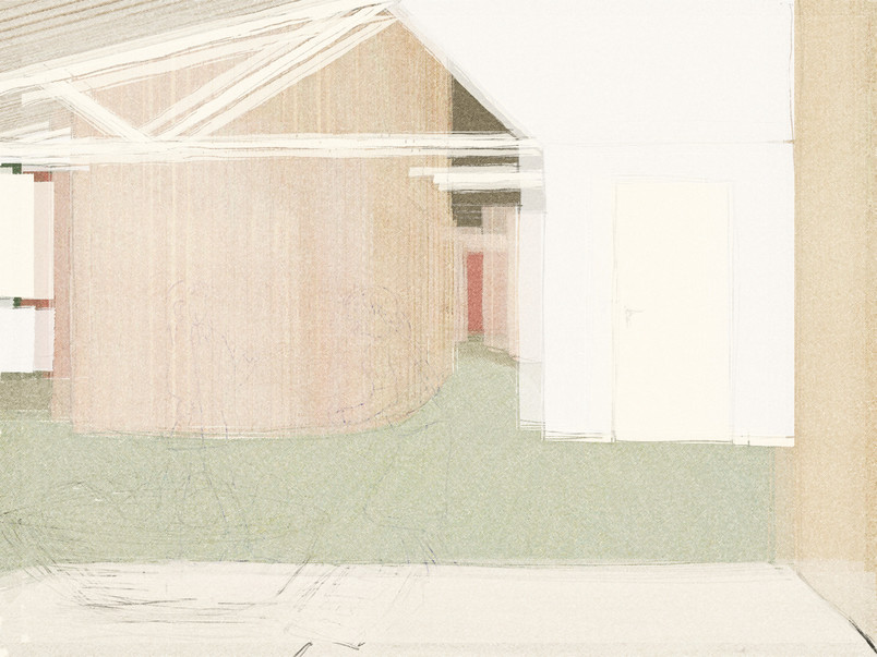 Visualisation of hallway as seen from the kitchen.