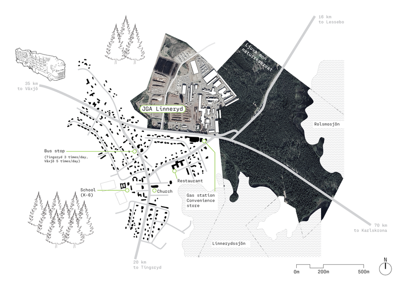 Map of Linneryd with project location at the sawmill.