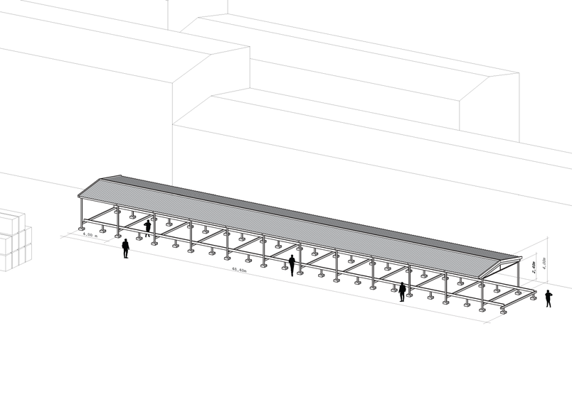Axonometric of a steel shed.