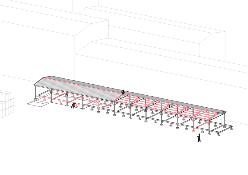 Axonometric of a steel shed with some parts demolished.