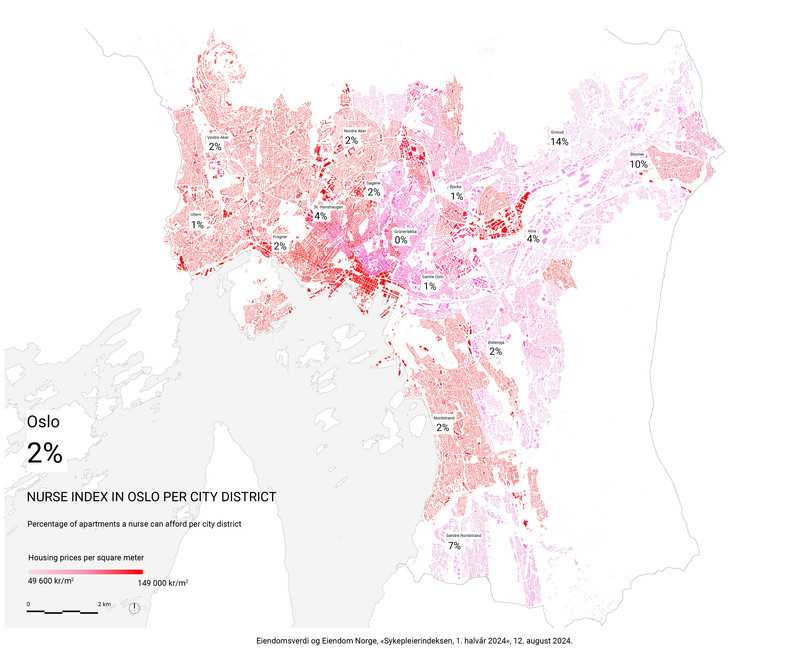 Map of Oslo showing housing affordability with the nurse index, and housing prices per m2