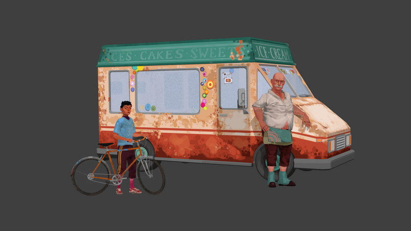 Image of 3D characters of an ice cream van, ice cream man and a boy with his bike
