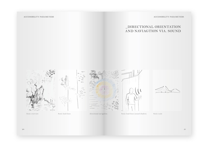 Spread from research booklet, Spatial Accessibility Parameters, showing a diagram of directional naviagtion via sound